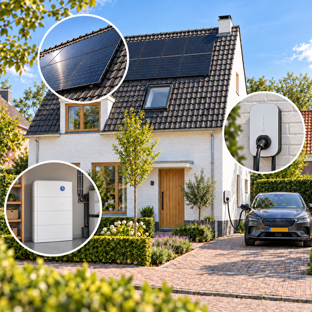 Nederlandse woning met Sigenergy zonnepanelen, thuisbatterij en laadpaal, met uitvergrote doorkijkjes van elk onderdeel